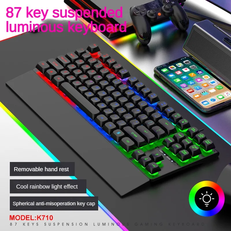 Hot K710 Corded Membrane Keyboard with Hand Rest 87 Keys Spherical Keyboard RGB Mixed Light Multimedia Function Gaming Keyboard