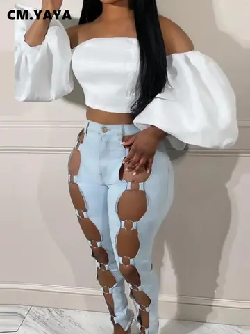 CM.YAYA Dam Streetwear Pencil Denim Byxor Hollow Out 2024 INS Sommarmode Klassiska Stretchiga Rivna Jeansbyxor 10 best sales utskurna jeans - №3
