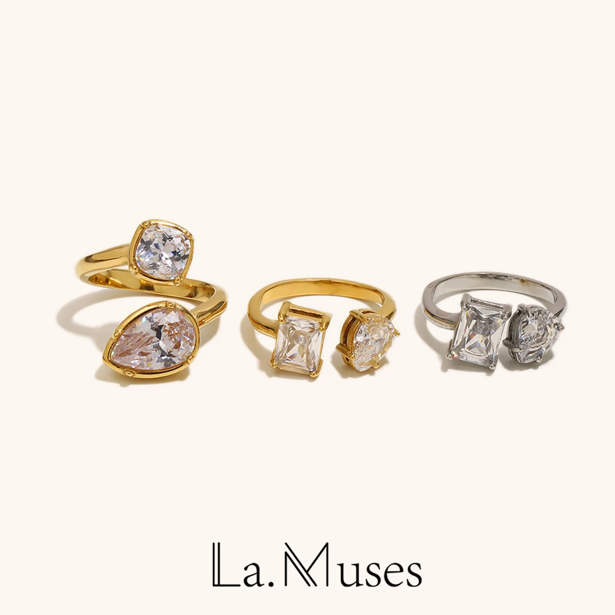 La. Muses Waterdrop Square Zircon Open Ring Stainless Steel Finger Rings Women Fashion Daily Waterproof Jewelry And Accessories