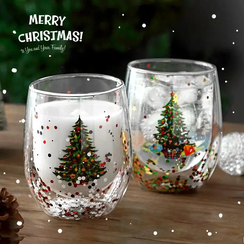 YWDL Double Wall Christmas Glass Cup High Borosilicate Glass Mug Heat Resistant Tea Milk Coffee Cup Drinkware Christmas Gift