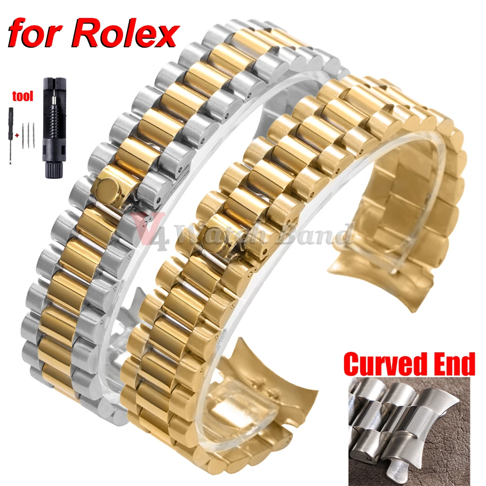 Curved End Strap 20mm for Rolex for Water Ghost Metal Wrist Band Folding Buckle Stainless Steel Bracelet Men Watch Accessories