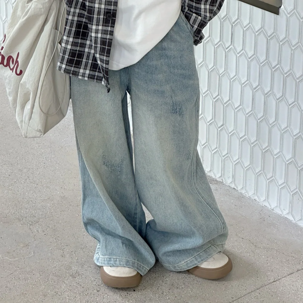 Girls Light Blue Polished White Jeans 2025 Autumn New Children Loose Straight Leg Pants Children Loose Wide Leg Pants