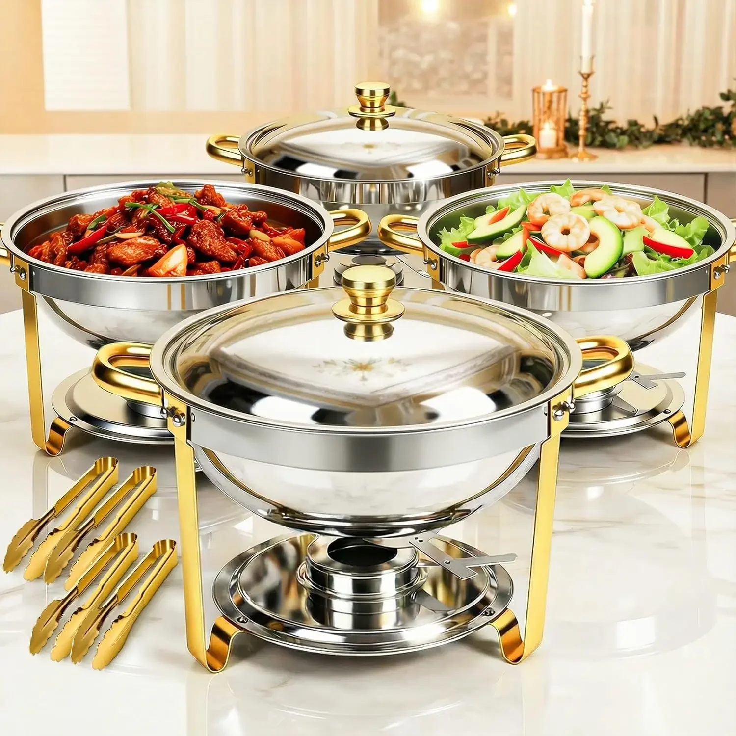 

Round Chafing Dishes 6QT 4 Pack Catering Food Warmers Full Size Stainless Steel Pans For Thanksgiving Parties Buffet