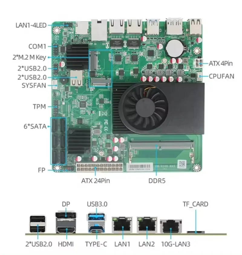 Intel N100 I3-N305 6-Bay Nas Moederbord 1*10G 2 * I226-V 2.5G 3lan 6 * Sata3.0 2 * M.2 Nvme 1 * Ddr5 4800Mhz Zachte Router Itx Moederbord