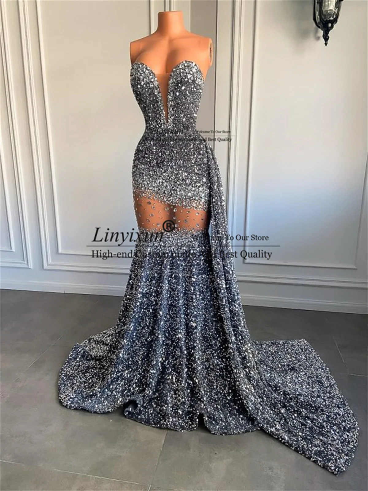 Glitter Sequins Prom Dress Luxury Beaded Crystals Mermaid Evening Party Gowns Strapless Sexy Hollow-out Long vestidos de festa