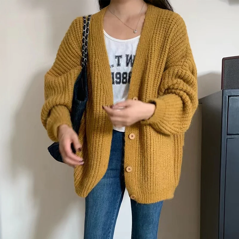 

Comfy Knit Cardigan Sweater for Women V-neck Oversized Button Up Plain Sweater Jacket Fall Winter Basic Outfit