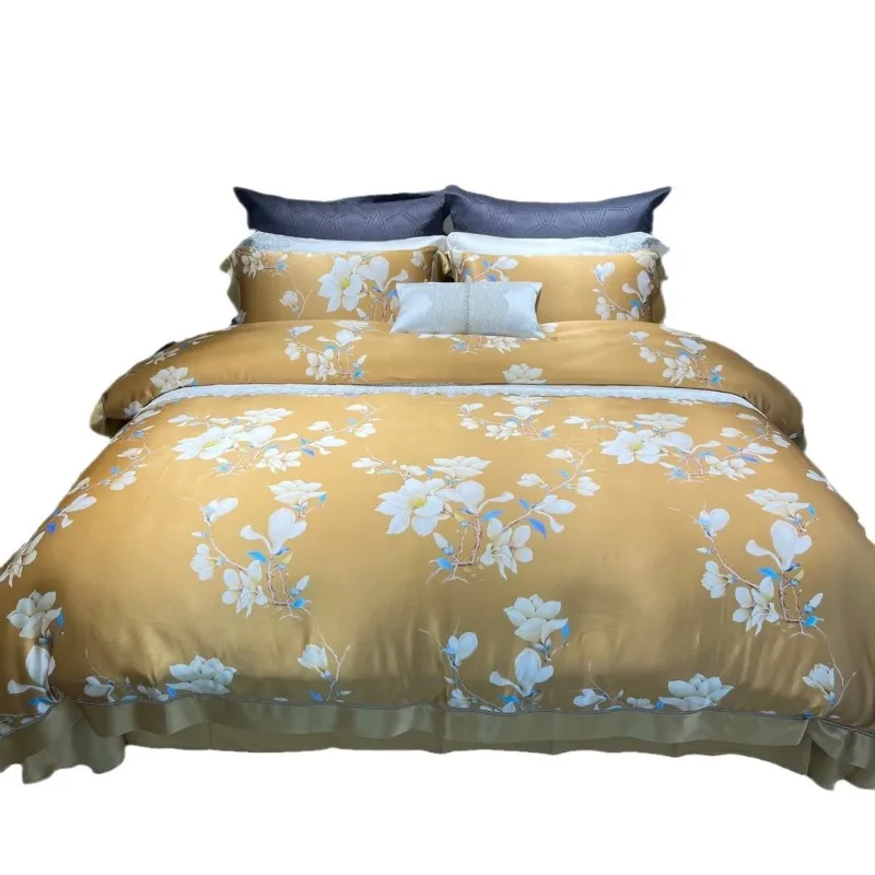 Skin-friendly and smooth silk digital printing four-piece light luxury heavy double-sided mulberry silk bedding kit
