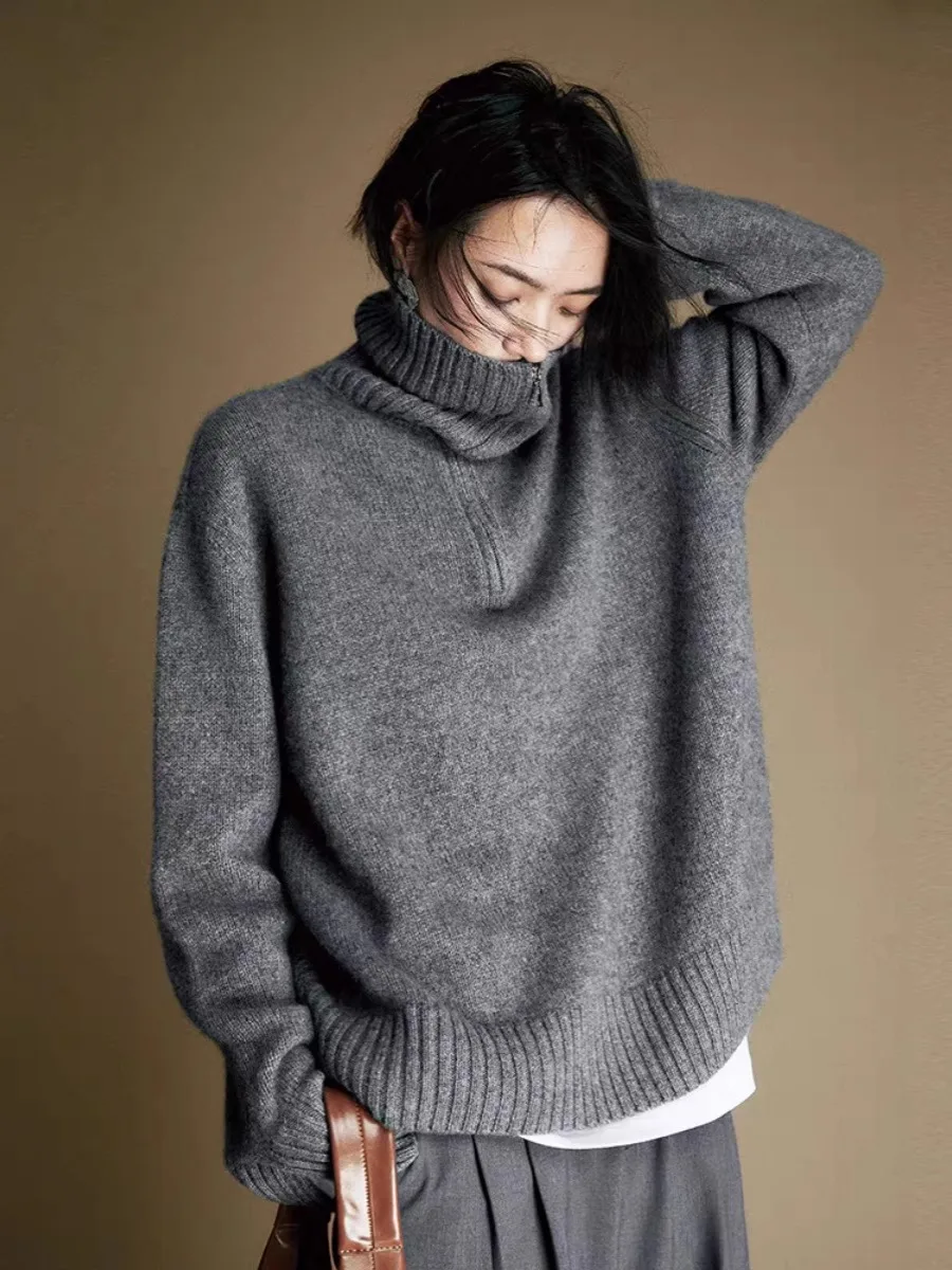 New autumn and winter vintage zipper lapel 100% pure cashmere sweater women\'s loose thick knit base