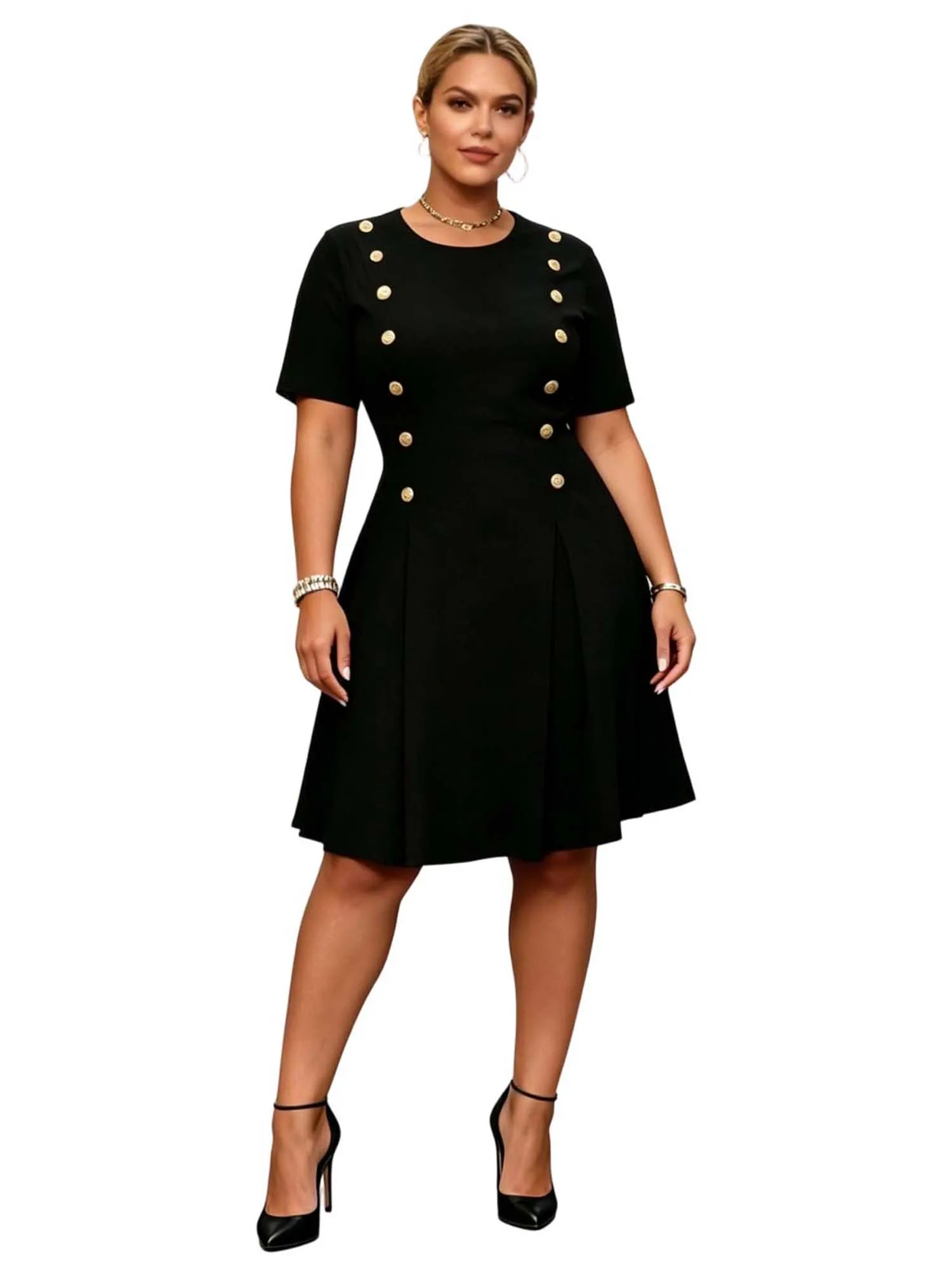 

Womens Summer Plus Size Dress Knee Length Casual A Line Stylish Decorative Buttons Crew Neck Short Sleeve Dress