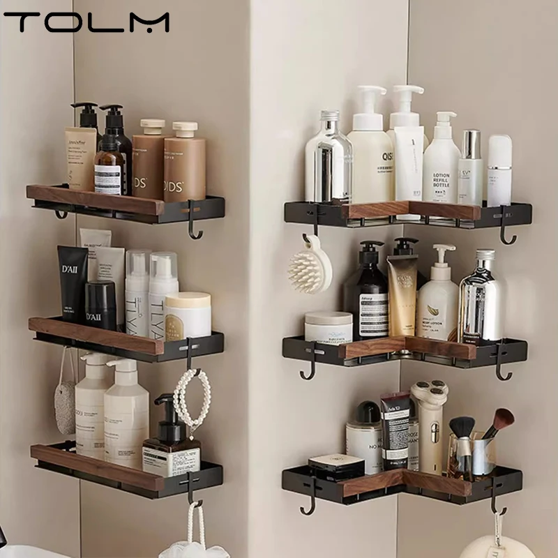 

TOLM Bathroom Shelf Aluminum Shower Shelf wood Shower Shelf Black Finish Storage Suction Basket Storage Rack Bathroom Accessory