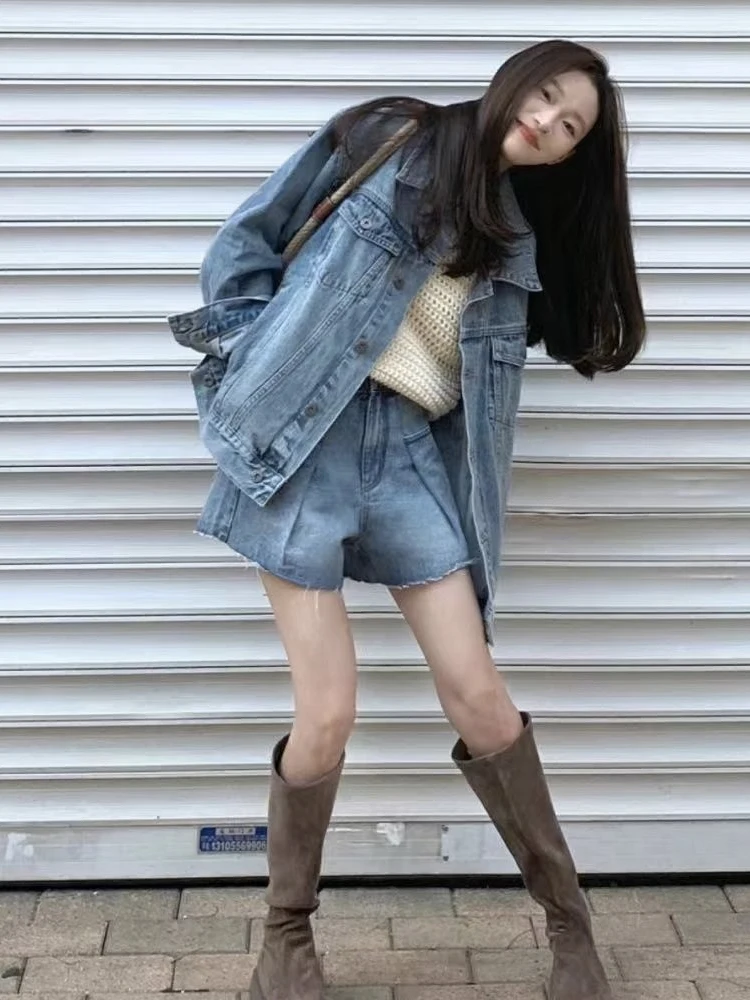 

Spring Autumn Denim Coat And Shorts Two Piece Set Short Sets Pant Sets 2 Piece Sets Women Outfit Denim Jacket Women Traf