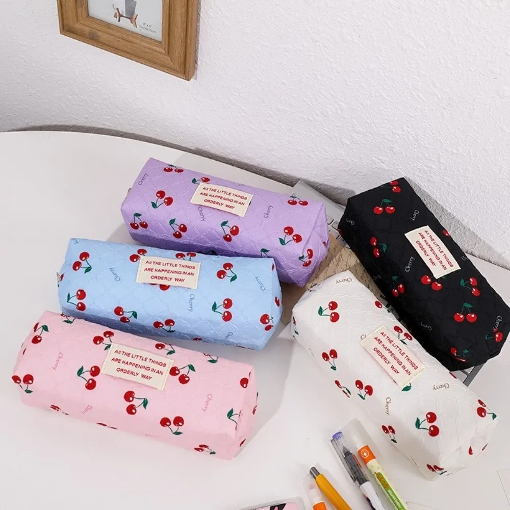 Korean Style Cherry Print Pencil Case Large Capacity Pen Bag Stationery Organizer School Office Supplies