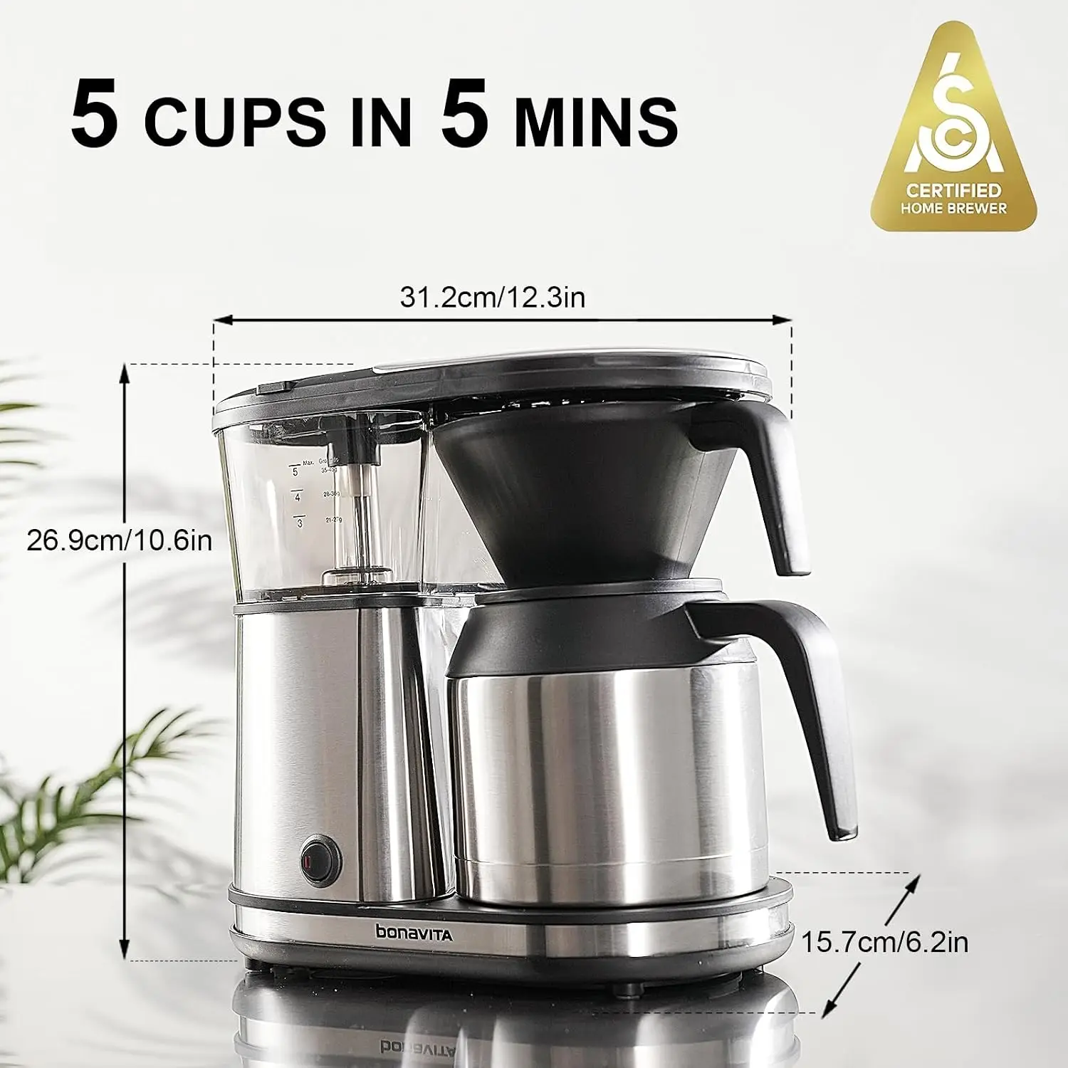 5 Cup Drip Coffee Maker Machine, One-Touch Pour Over, Auto Pause Brewing with Stainless Steel Double Wall Thermal Carafe, SCA