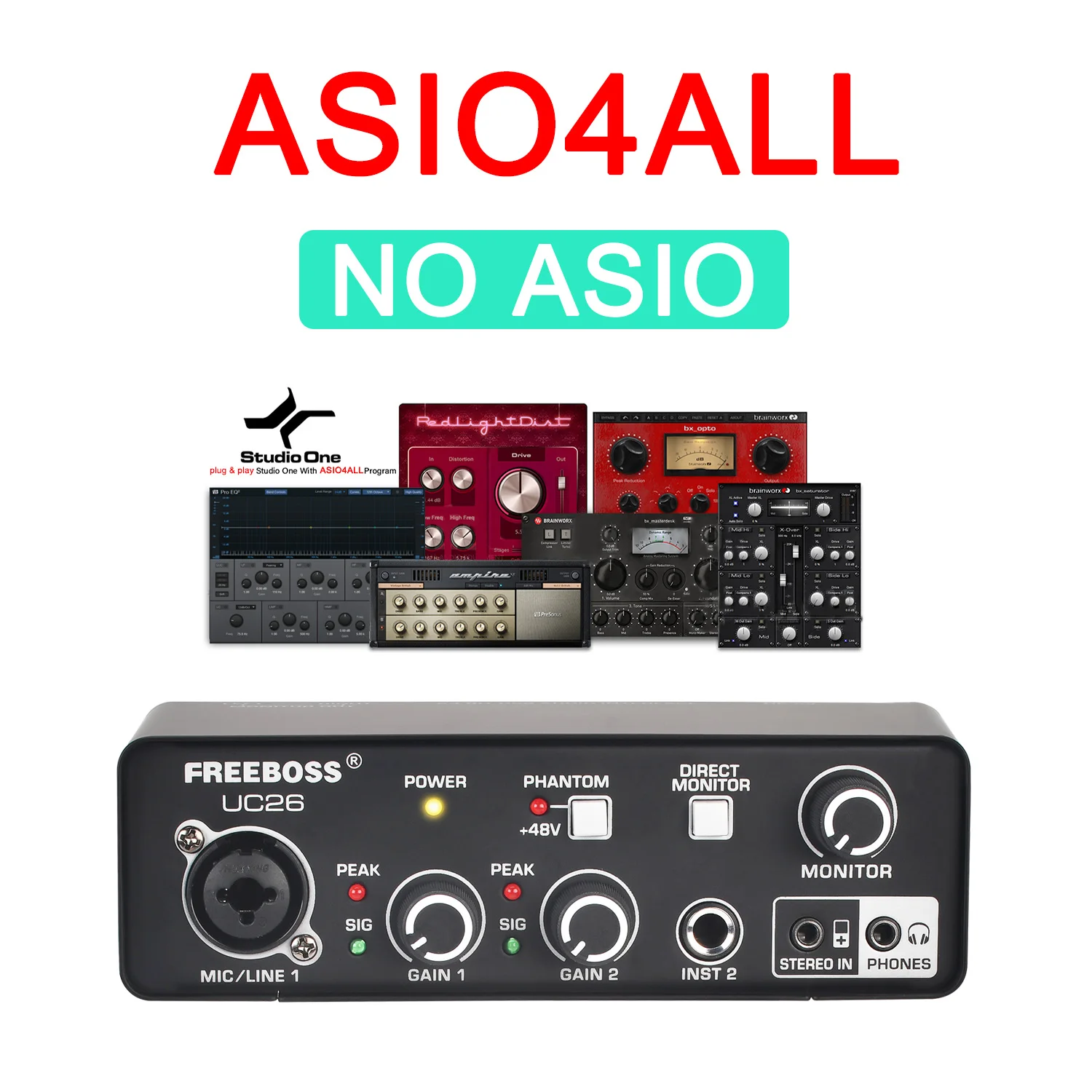 FREEBOSS 24Bit 48KHz Audio Interface 3 Input DIR Monitor PC Recording ASIO4ALL Studio Guitar External Usb Sound Card UC26