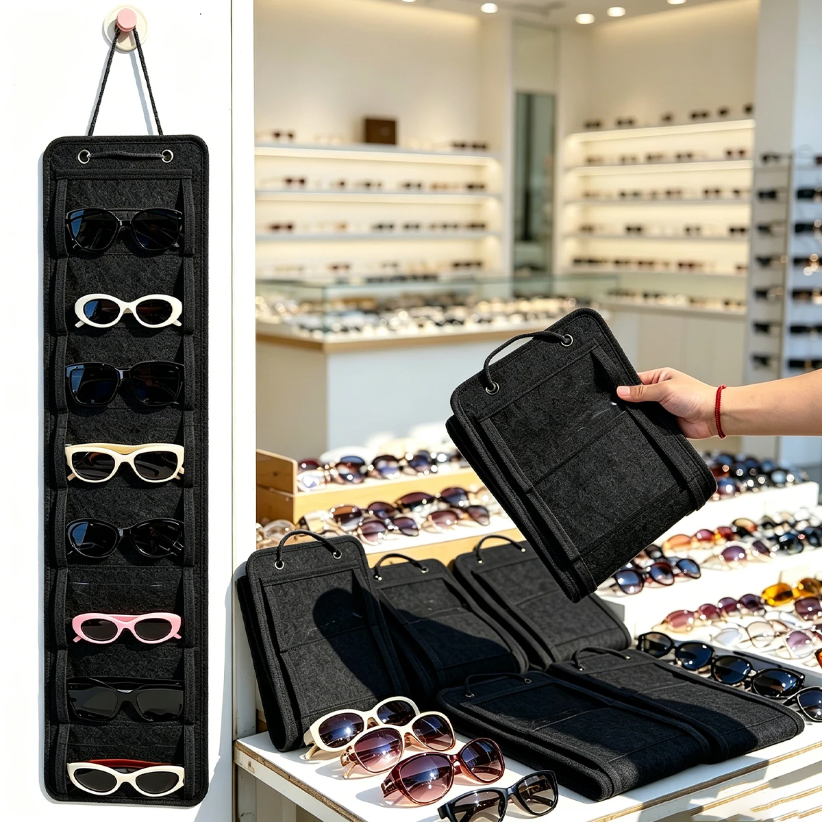 1pc Foldable Gray/Black Wall Mounted Storage Bag 8 Compartments Storing Felt Glasses Storage Portable Display Storage Rack