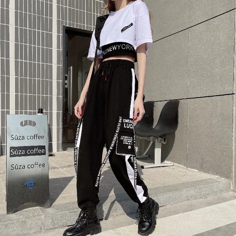 Egirl 3 Pieces Sets With Cargo Pants Alt Clothes Women Gothic Pants T-shirts Suit Techwear Joggers Streetwear Sweatpants Emo