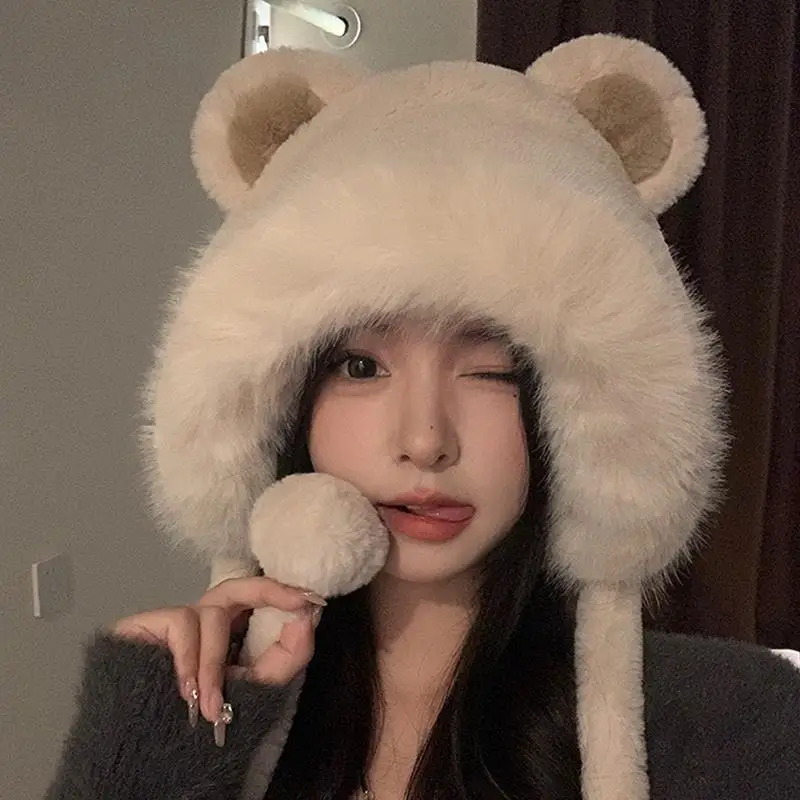 Winter Warm Cute Plush Bear Ear Hat Women Warm Faux Fur Beanie Trapper Hat with Strap Ear Flap Windproof Thick Fuzzy Cap Costum