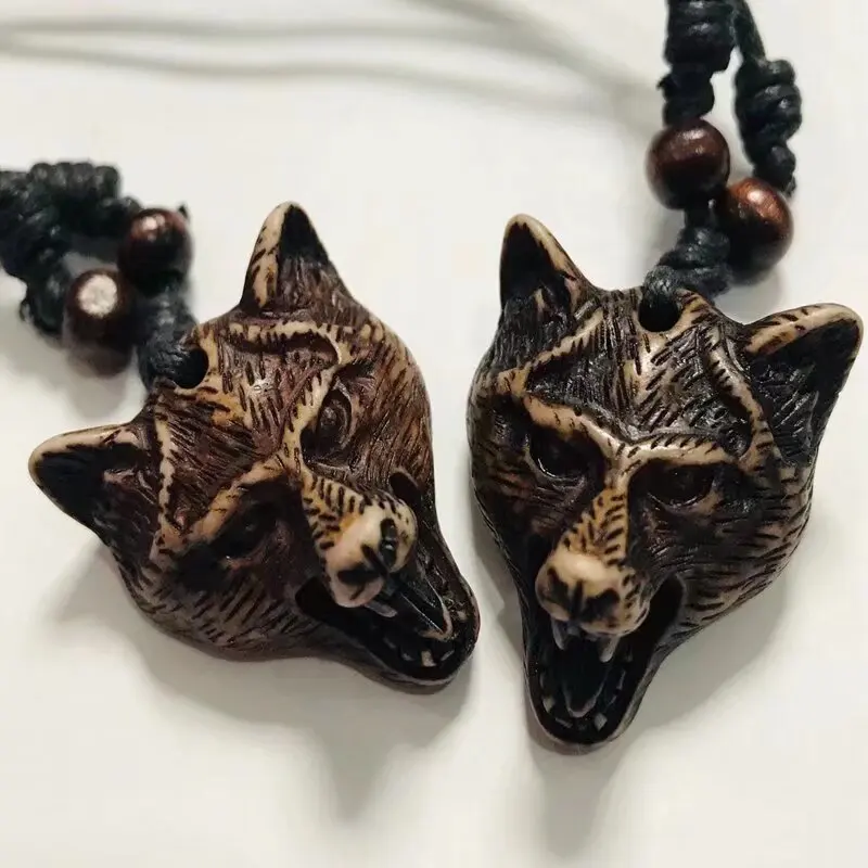 12 pcs Cool Men Women's Surfing Imitation Yak Bone Resin Carved Wolf Head Pendant Choker Necklace Lucky Gift