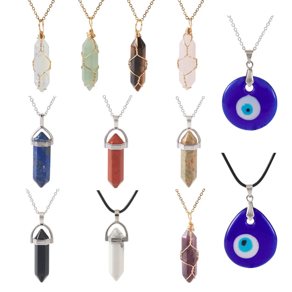 1Set Healing Crystals Necklaces Pendant Making Kits included Natural Gemstone Pendants Lampwork Evil Eye Pendants & Waxed Cord