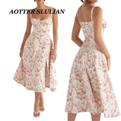 Robe Bustier à Fleurs pour Femme, Tenue de Soirée Élégante, Taille Midriff, avec Poudres, Respirante, Slim, Fendue, Été