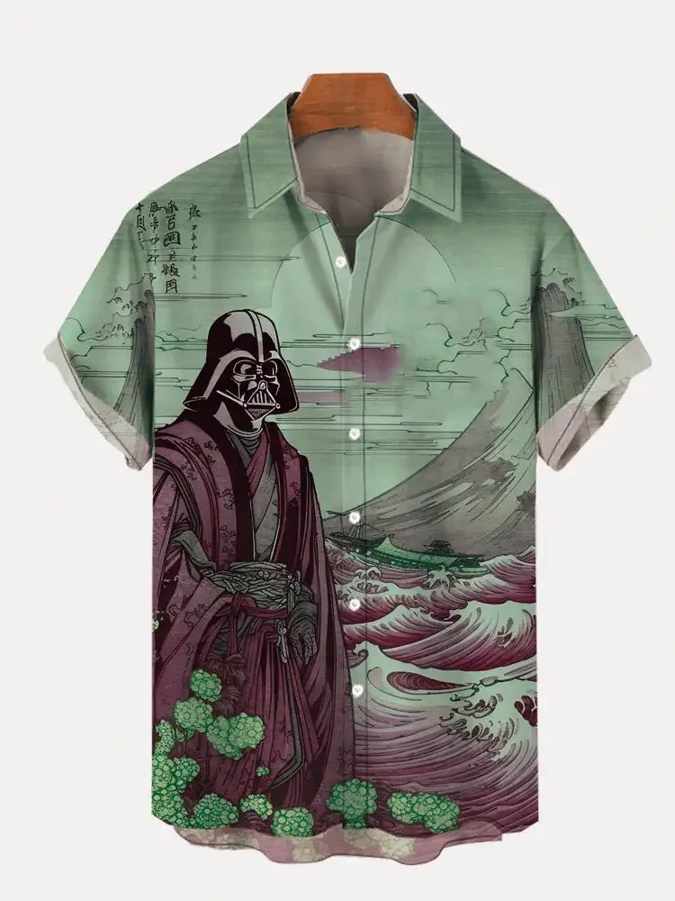 Men's shirt Ukiyo-e retro masked samurai landscape painting print men's short-sleeved shirt loose Casual Men's Clothing