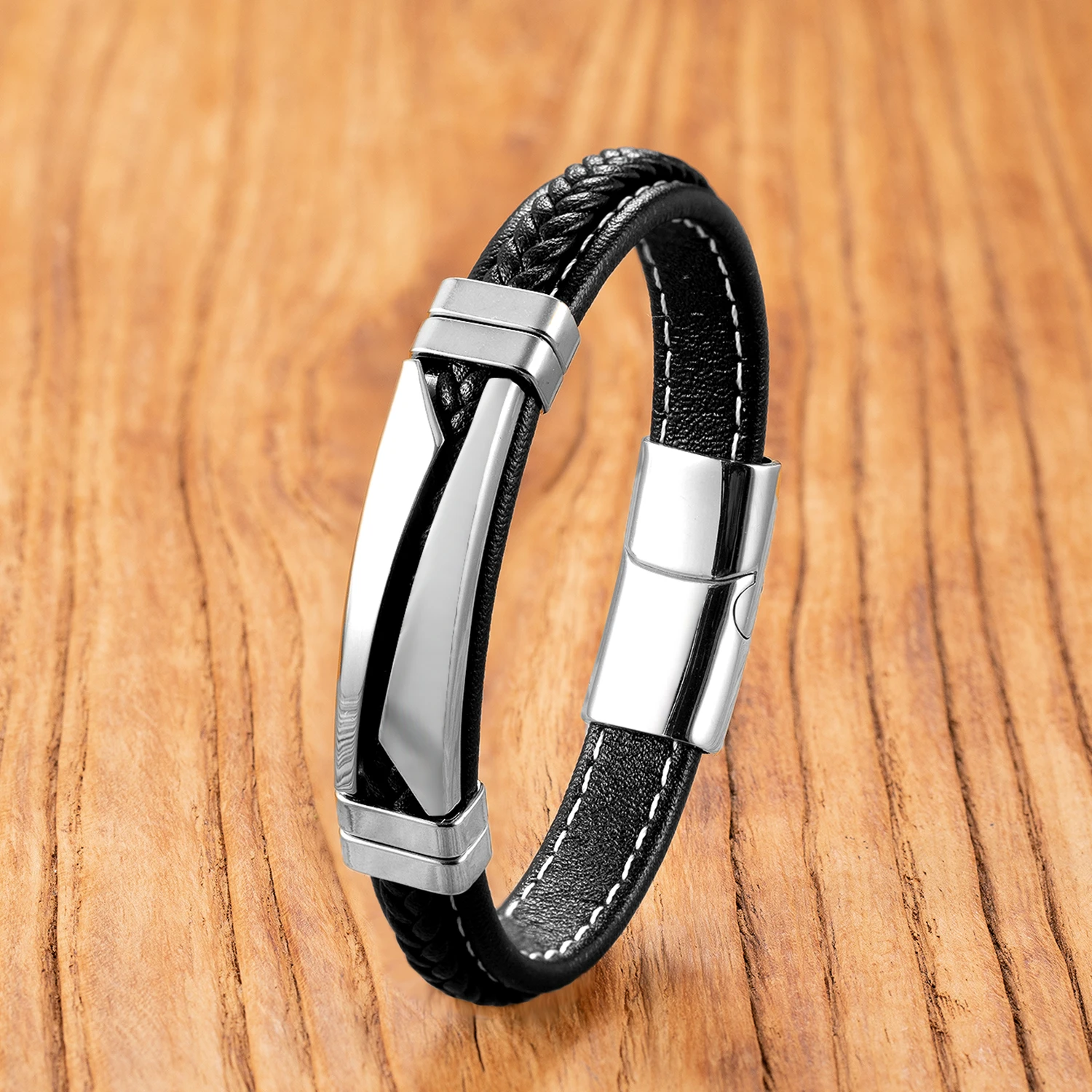 Edelstahlarmband mit Lederband, Unisex-Schmuck für Männer und Frauen, Alltagstaugliches Casual-Boho-Stil-Geschenk – Detail 5