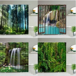 Forest Landscape Shower Curtains Tree Waterfall Mount Fuji Scenery Polyester Cloth Bathroom Curtain Set Bathtub Decor With Hooks