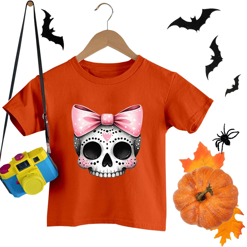 

Cute Halloween Skull Bow Print T-shirt Children Boys Girls Happy Halloween T-shirt Short Sleeves Casual Crew Neck Tees