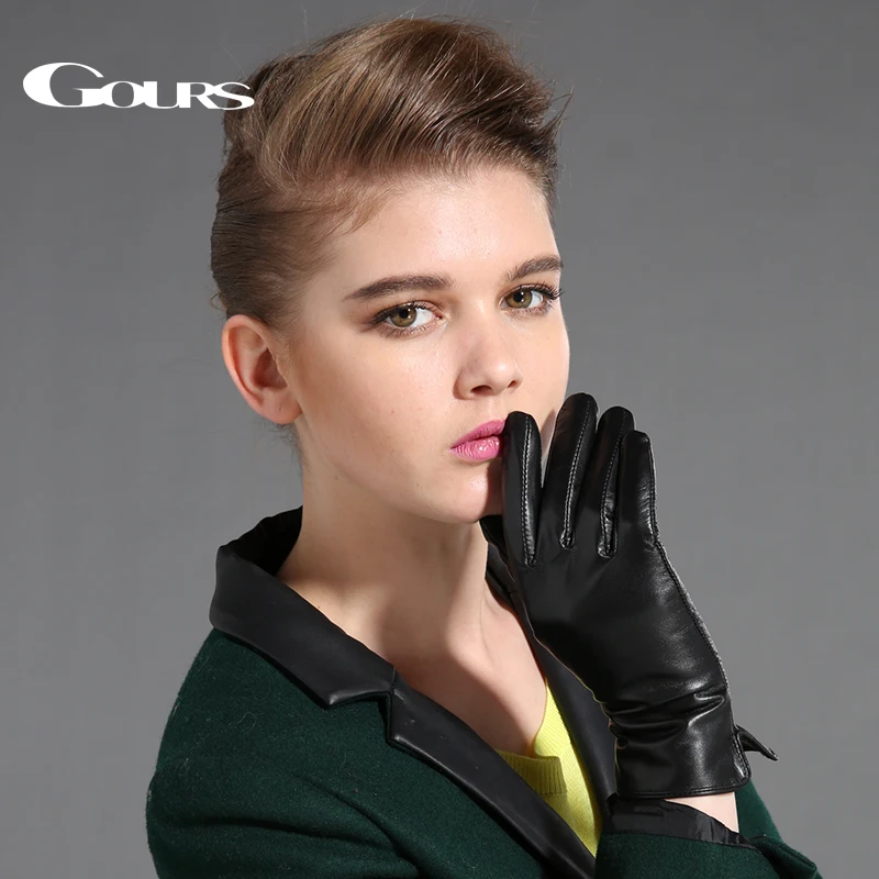 GOURS Winter Real Leather Gloves for Women Black Genuine Goatskin Gloves Fleece Lining Warm Fashion Mittens New Arrival GSL087