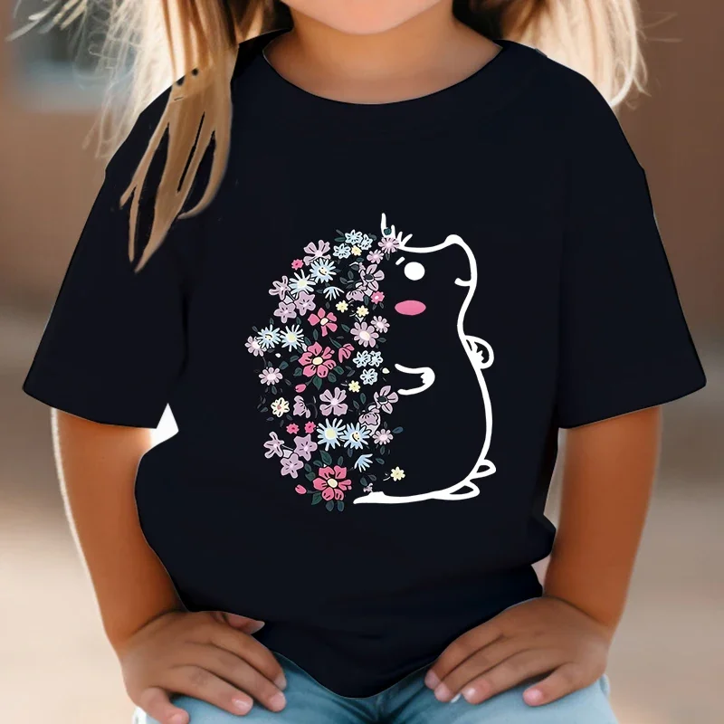 Cute Hedgehog T-shirt Short Sleeve Cartoon Style  Boy Girl Tshirt Kids Anime Y2K Tops Harajuku Fashion Hedgehog Flower Clothing