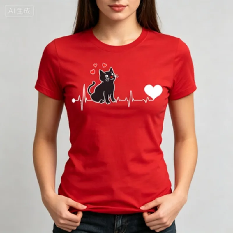 Ladies Cotton Slim Standard Fit Crewneck Tshirt Cat Heart Beat ECG Wave Red Heart Print Casual Summer Short Sleeve Tee Top