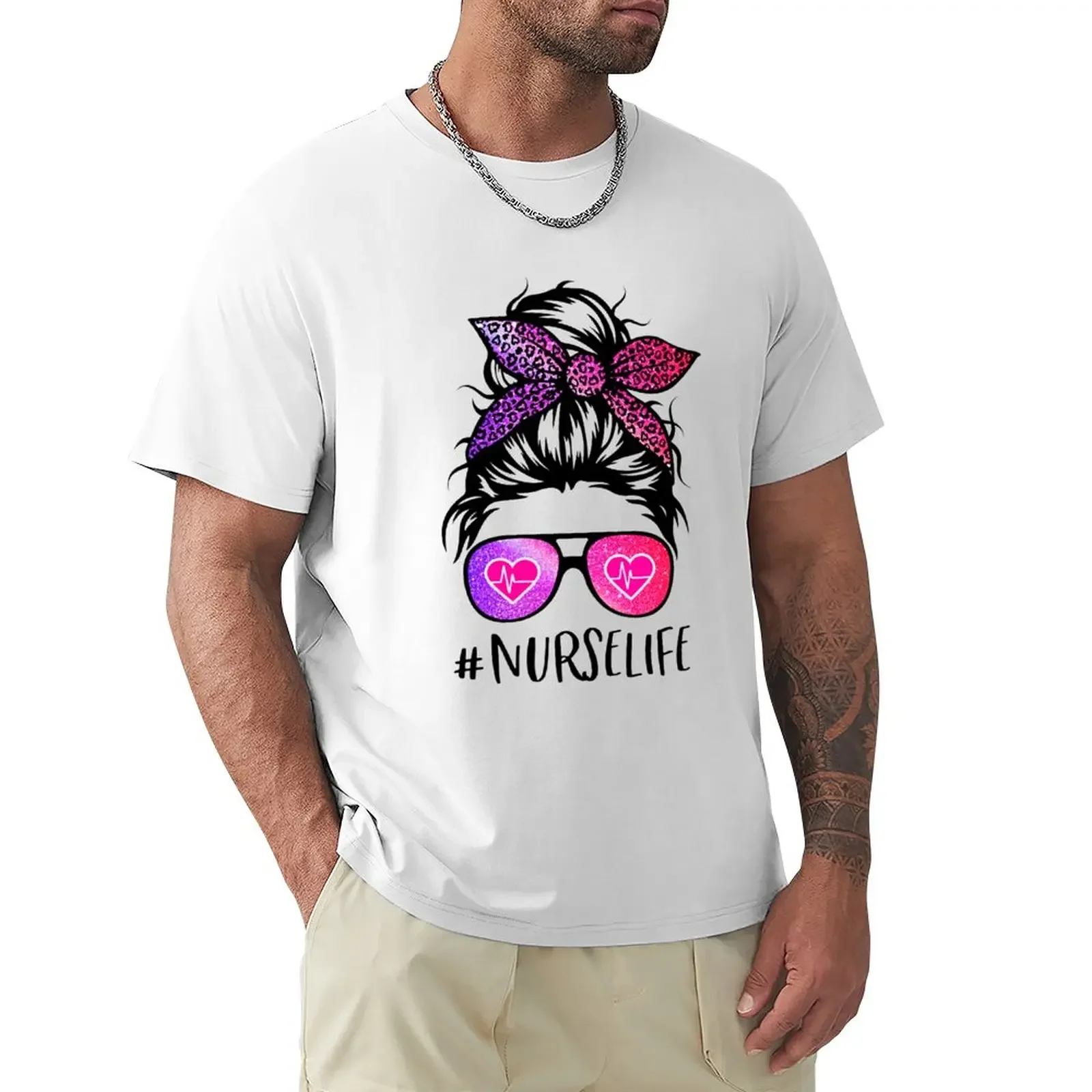 Nurse Life Pink Leopard Messy Bun Nurse Life T-Shirt summer clothes plus sizes blacks for a boy mens funny t shirts