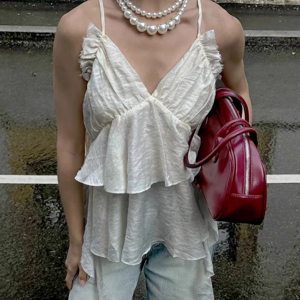 

Sexy V-neck Sling Vest Ruffle Top Summer New Temperament Fashion Commute