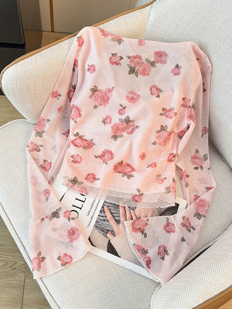 Spring Summer Women Floral Tulles Shirts Sweet Cute Square Collar Flare Long Sleeve Pink Tops Slim Female Blouse