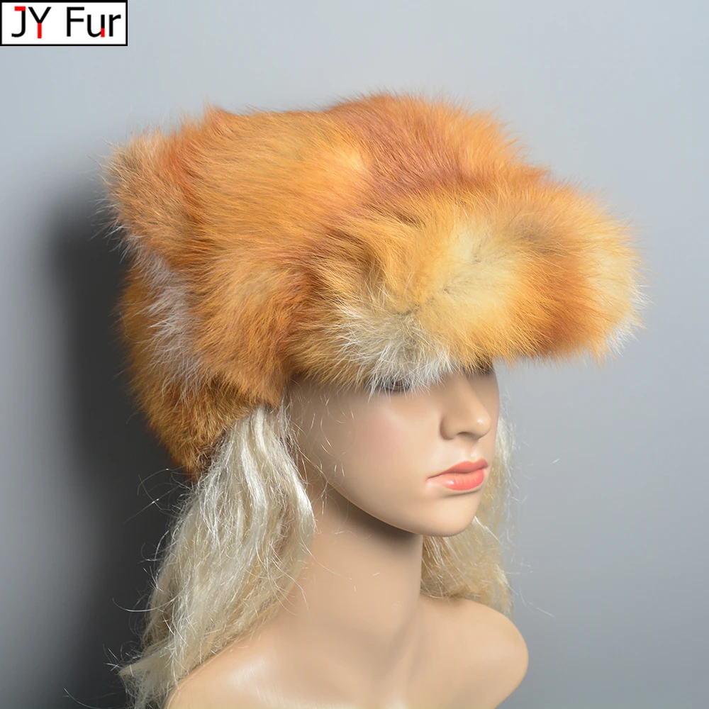 

New Russian Winter Natural Fox Fur Hat Warm Soft Fluffy Real Fox Fur Bomber Hats Luxurious Women Quality Handmade Real Fox Caps