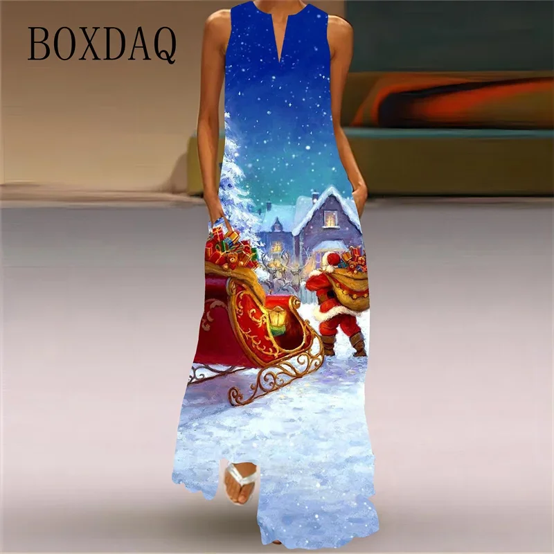 Casual Christmas Party Women Long Dress Elegant Sexy V-neck Sleeveless Cartoon Santa Claus Print Maxi Dress Ladies Spring Summer