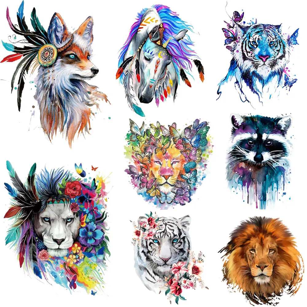 Clothing Thermoadhesive Patches Watercolor Fox Tiger Wolf Dog Cat Owl Unicorn Iron on Transfers for Clothing T-shirts Stickers