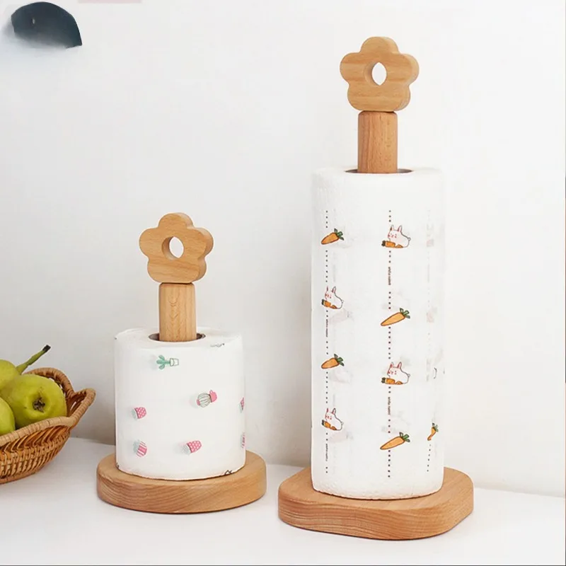 Japanese Vertical Kitchen Paper Towel Holder Beech Wood Roll Paper Storage Rack Cute Flower Kitchen Organizer Napkin Holder Home
