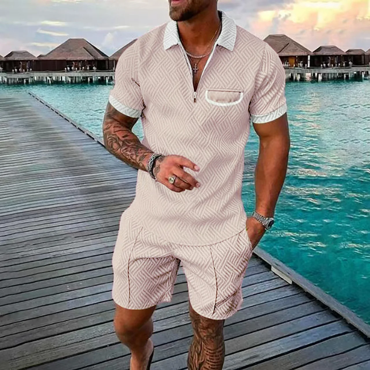 

Summer Men's Casual Trendy 3D Digital Printed 2 Piece Sets Turn-down Collar Zipper Short Sleeve T-shirts Knee Length Shorts Male