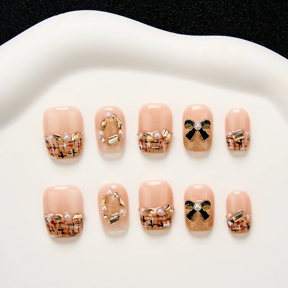 

10Pcs Handcrafted Caramel Glitter French Nail Tips Elegant False Nails with Pearl&Bow for Women&Girls, Perfect for Daily Wear