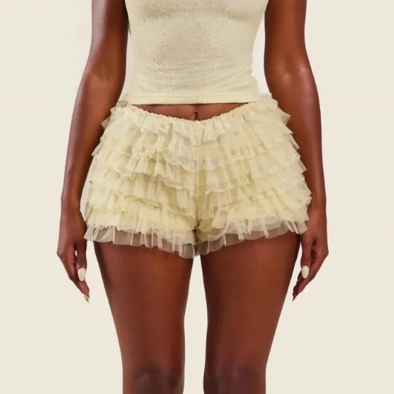 여성 레이스 블루머 숏 레이어드 러플 숏 코케트 섹시 보이쇼츠 Y2k 로리타 블루머 페티팬츠