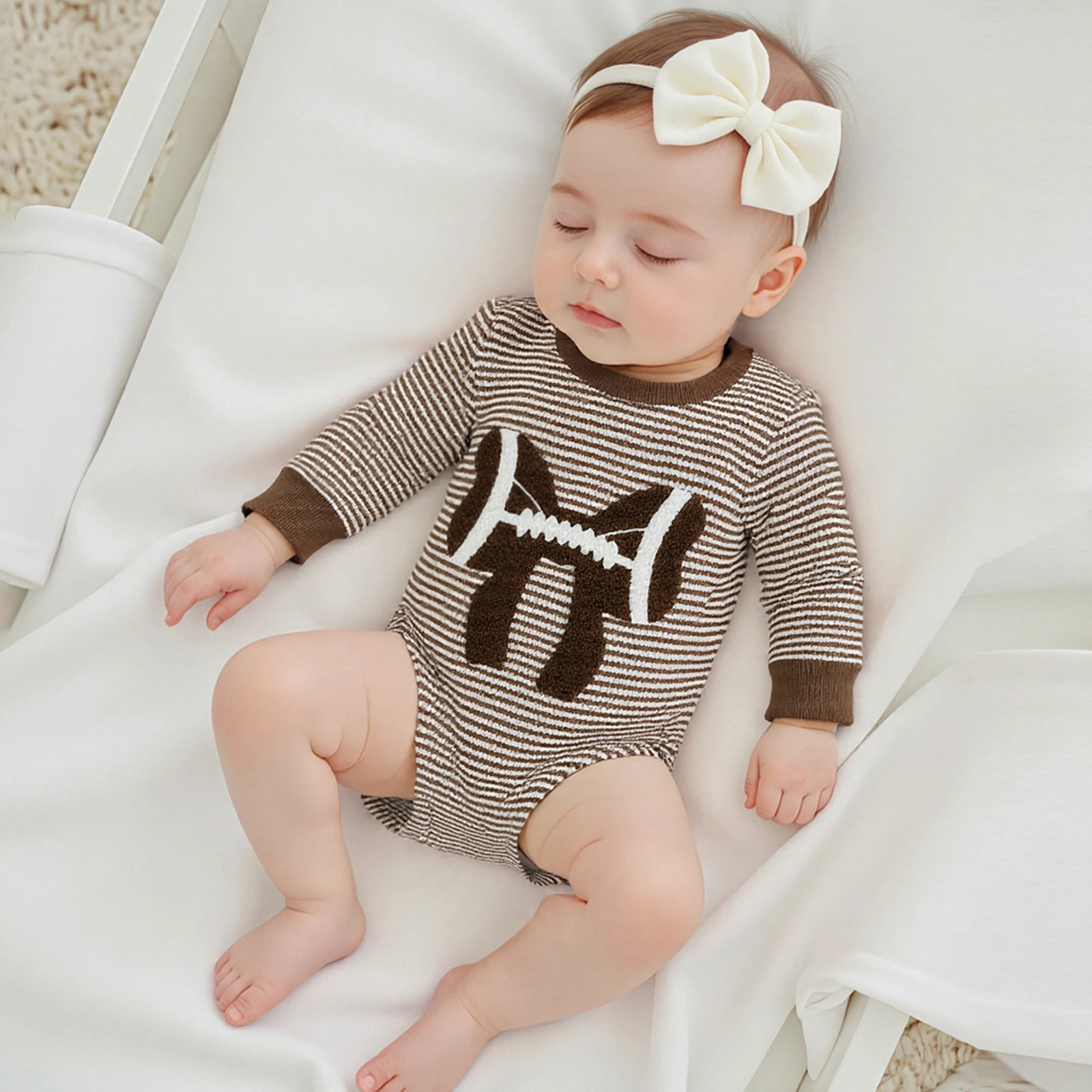 

Одежда для малышей, осенний свитшот для девочек, комбинезон в полоску с принтом футбольного банта и вышивкой, комбинезон с длинными рукавами, одежда для новорожденных, наряд