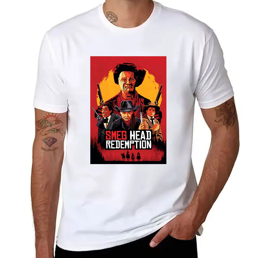 T-shirt à manches courtes en coton pour hommes, T-shirt graphique Smeg Head Redemption Western Comedy Crossover, T-shirt décontracté à imprimé rétro Sci-Fi Cowboy