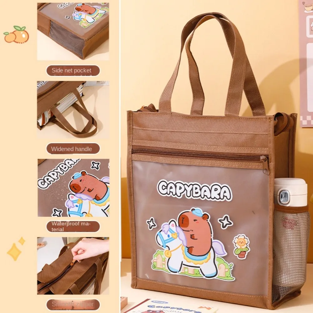 Borsa da scuola multifunzione Capybara Tote Borsa da tutorial portatile di grande capacità per cartoni animati Tasca laterale portatile in rete