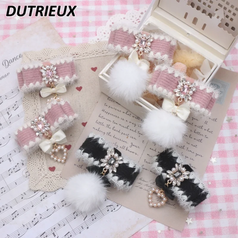 Handmade Japanese Sweet Lady Furry Hair Accessories Knitted Bow Heart Shape Rhinestone Pendant Barrettes Side Clip for Women