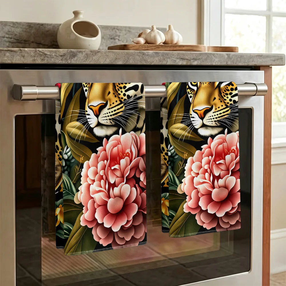 1pc/2pcs Leopard Print Kitchen Towel in Pink Floral-Super absorbent, reusable polyester dishcloths perfect for home decor, cooki