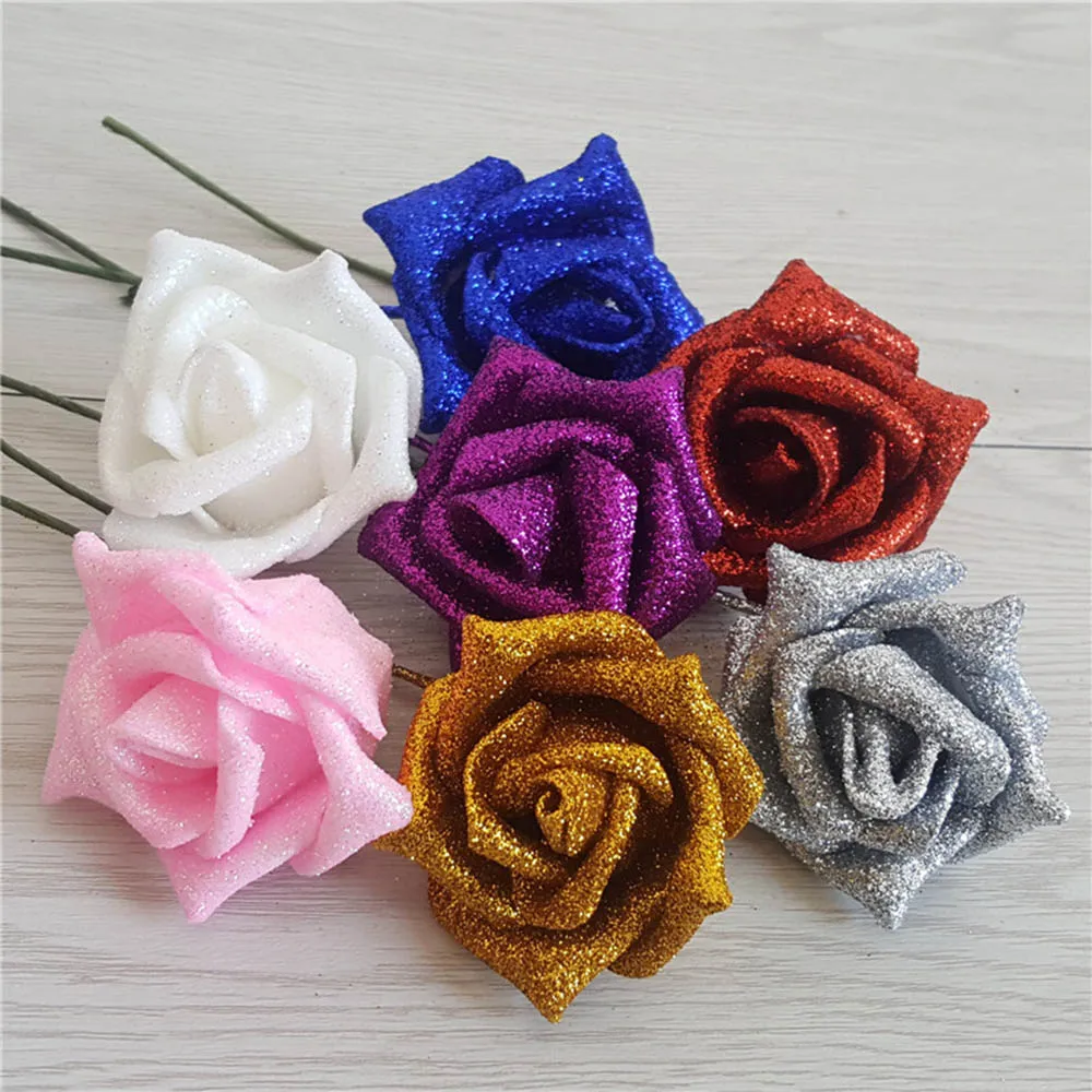 1Pcs Glitter Rose Flowers Red Pink Gold Artificial Rose Foam Flower Wedding Bride Bouquet Party Decorations Home Fake Flower