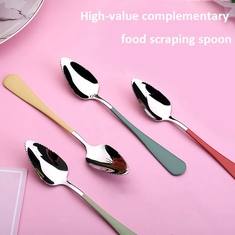 

8pcs Color stainless Steel dessert spoons metal kitchen ice spoons Fruit scraper coffee spoons food serving tools wholesale