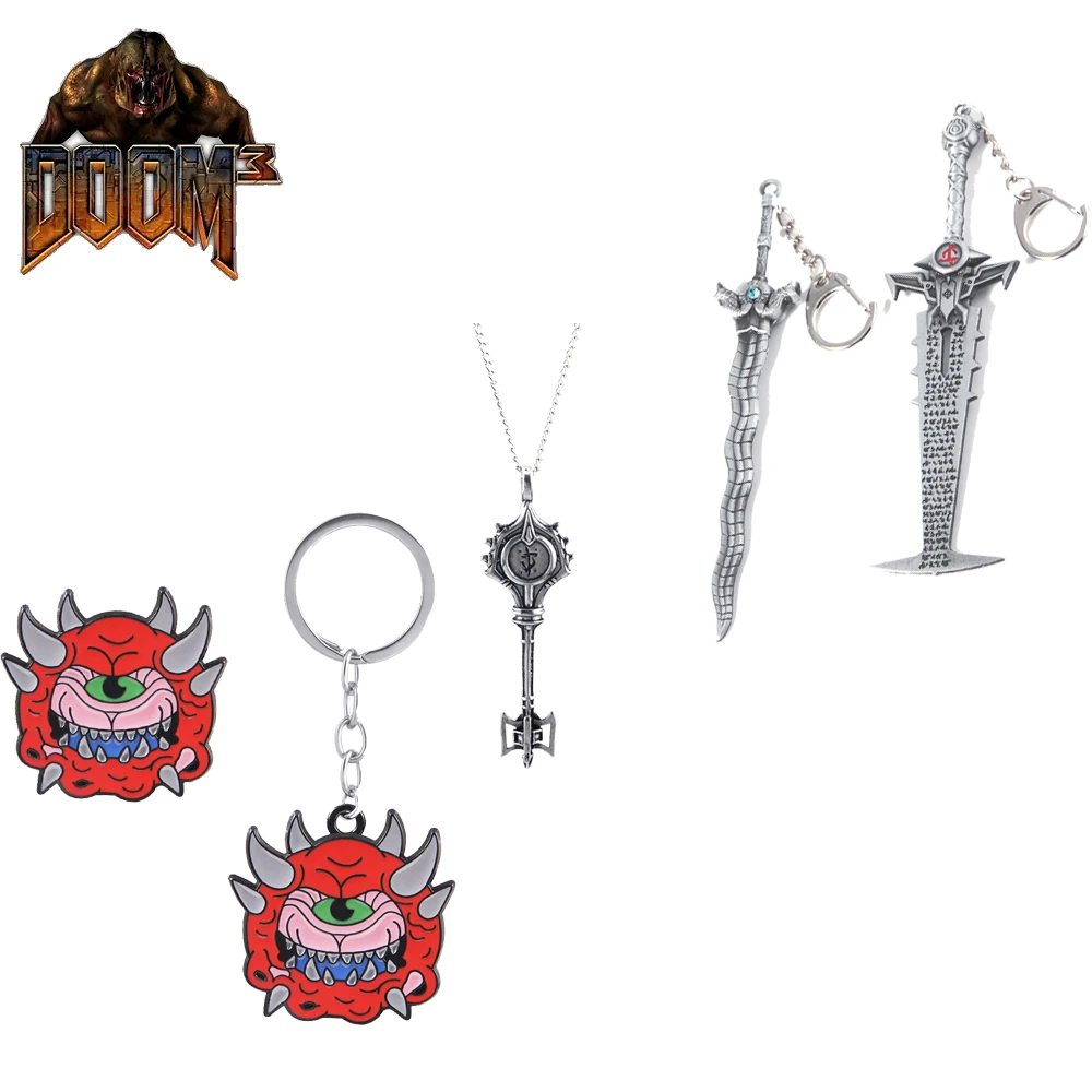 Game Doom Keychain Necklace Brooch Sword of Eternal Judgment Pendant Keyring Keychains for Women Men Jewelry Bag Accessory Gifts