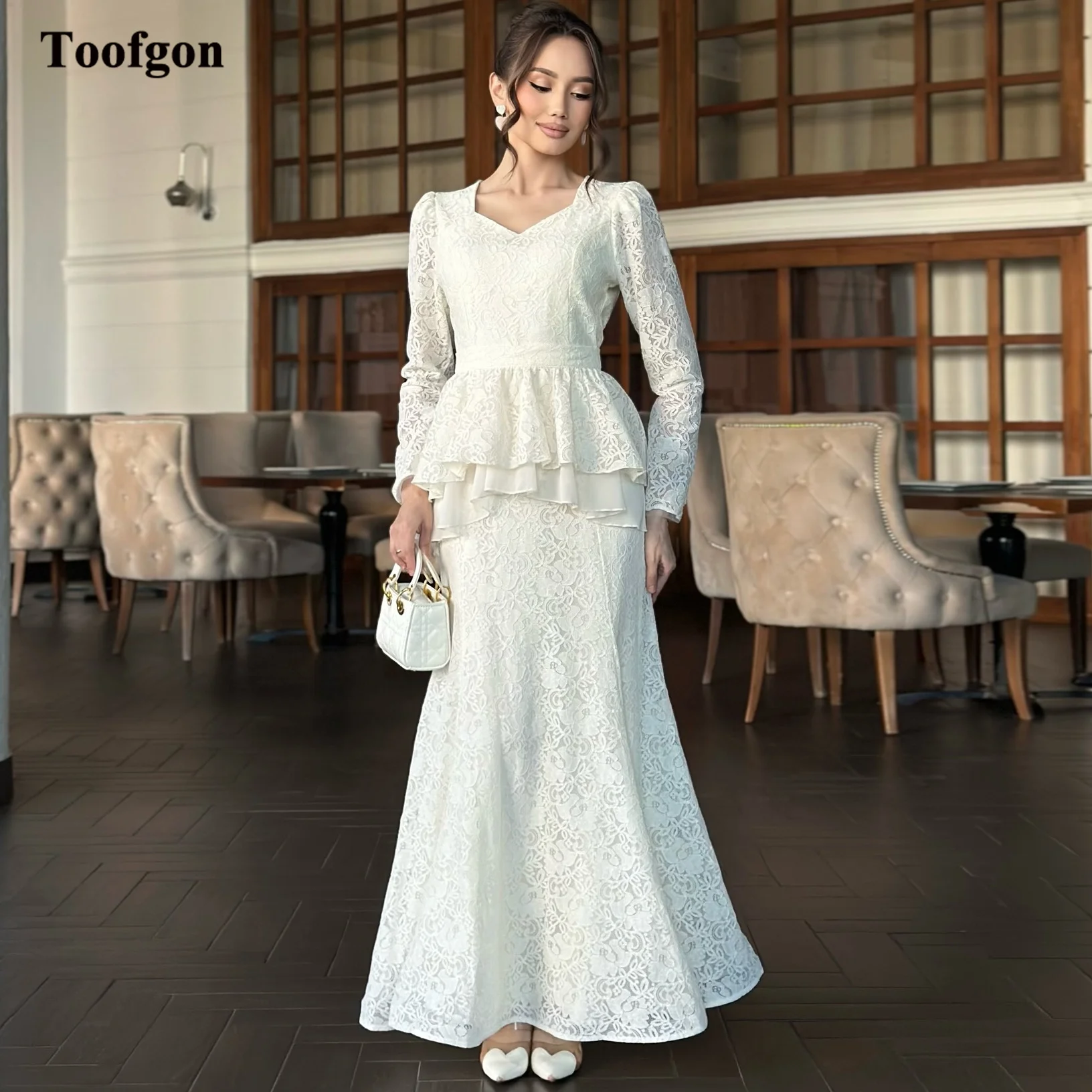 

Toofgon Simple Lace Mermaid Bridal Gowns Long Sleeves Bride Photo Gowns Wear Arabic Formal Party Wedding Dress Customized 2026